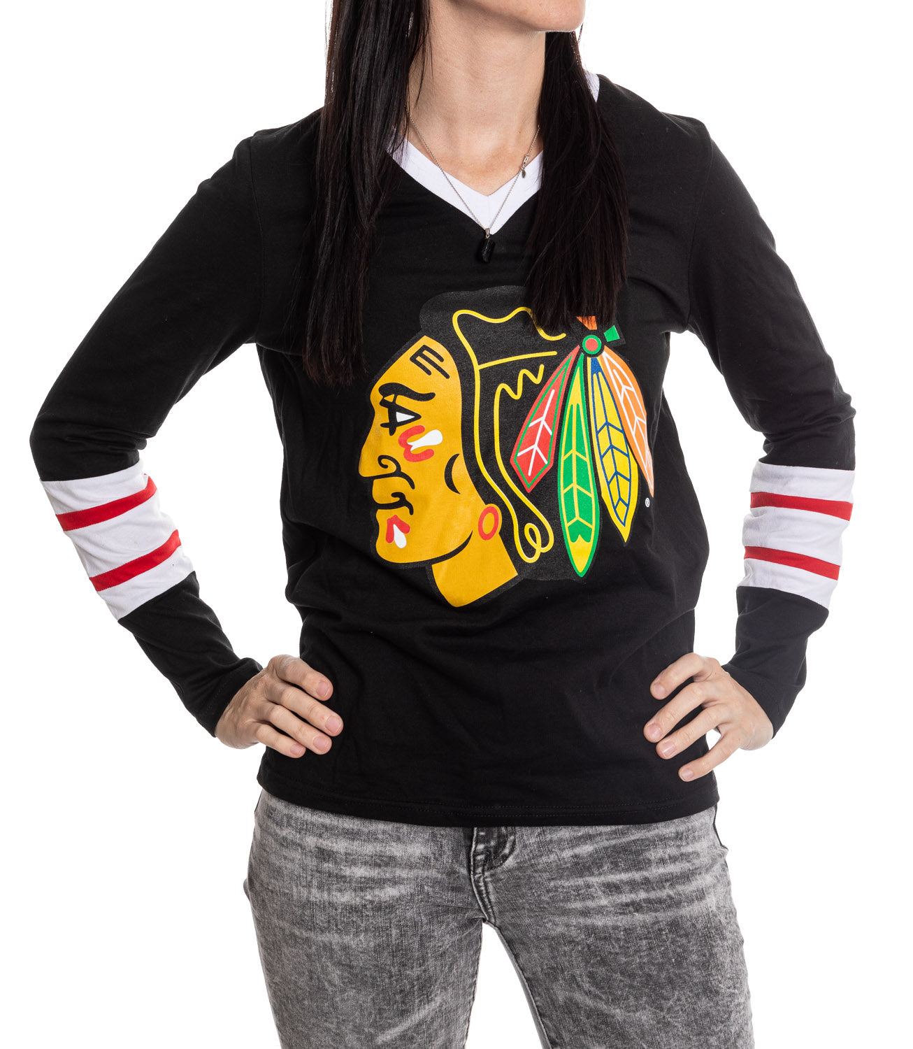 Chicago Blackhawks Women s V Neck Varsity Long Sleeve Shirt