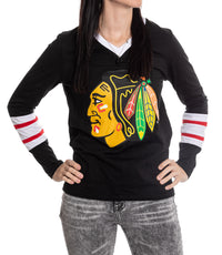 Load image into Gallery viewer, Chicago Blackhawks Women&#39;s V-Neck Varsity Long Sleeve Shirt
