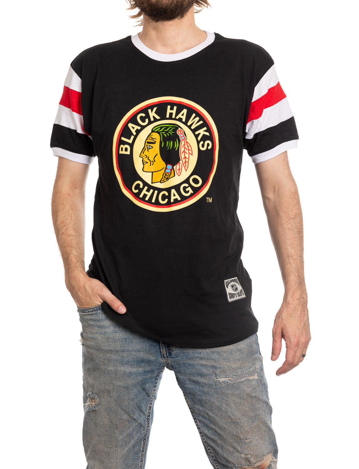 Chicago Blackhawks Shoulder Stripe Varsity Inset T-Shirt