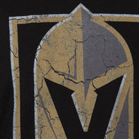 Load image into Gallery viewer, Closeup shot of a Vegas Golden Knights distressed logo on a black tee - Calhoun Surf N&#39; Skate
