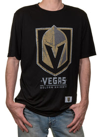 Load image into Gallery viewer, Male wearing a Vegas Golden Knights distressed logo black polyester tee, front view with logo - Calhoun Surf N&#39; Skate

