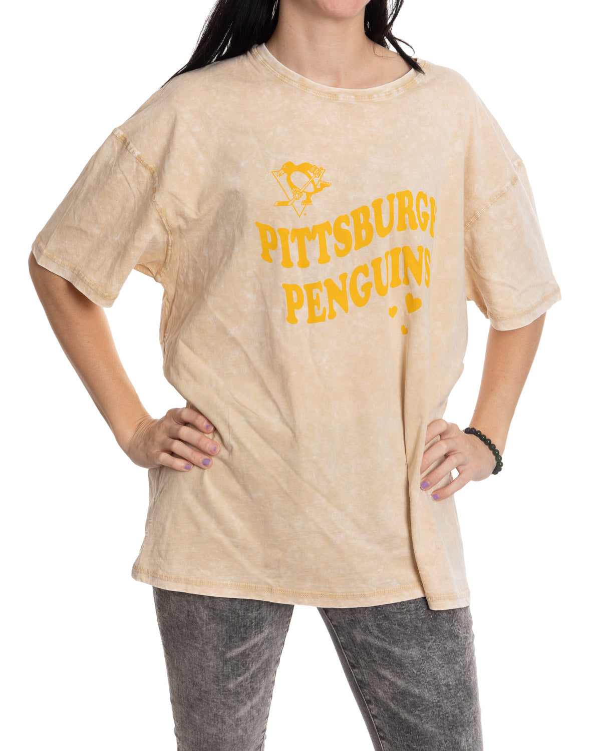 Pittsburgh Penguins Vintage Hearts Oversized Drop Shoulder  Crewneck Short Sleeve T-Shirt