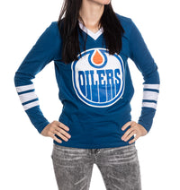 Load image into Gallery viewer, Edmonton Oilers Women&#39;s V-Neck Varsity Long Sleeve Shirt
