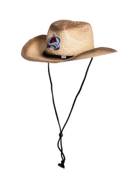 Load image into Gallery viewer, A 45 degree angle view of the Colorado Avalanche straw cowboy hat. The team logo is visible, as well as the hat&#39;s black chin strap.
