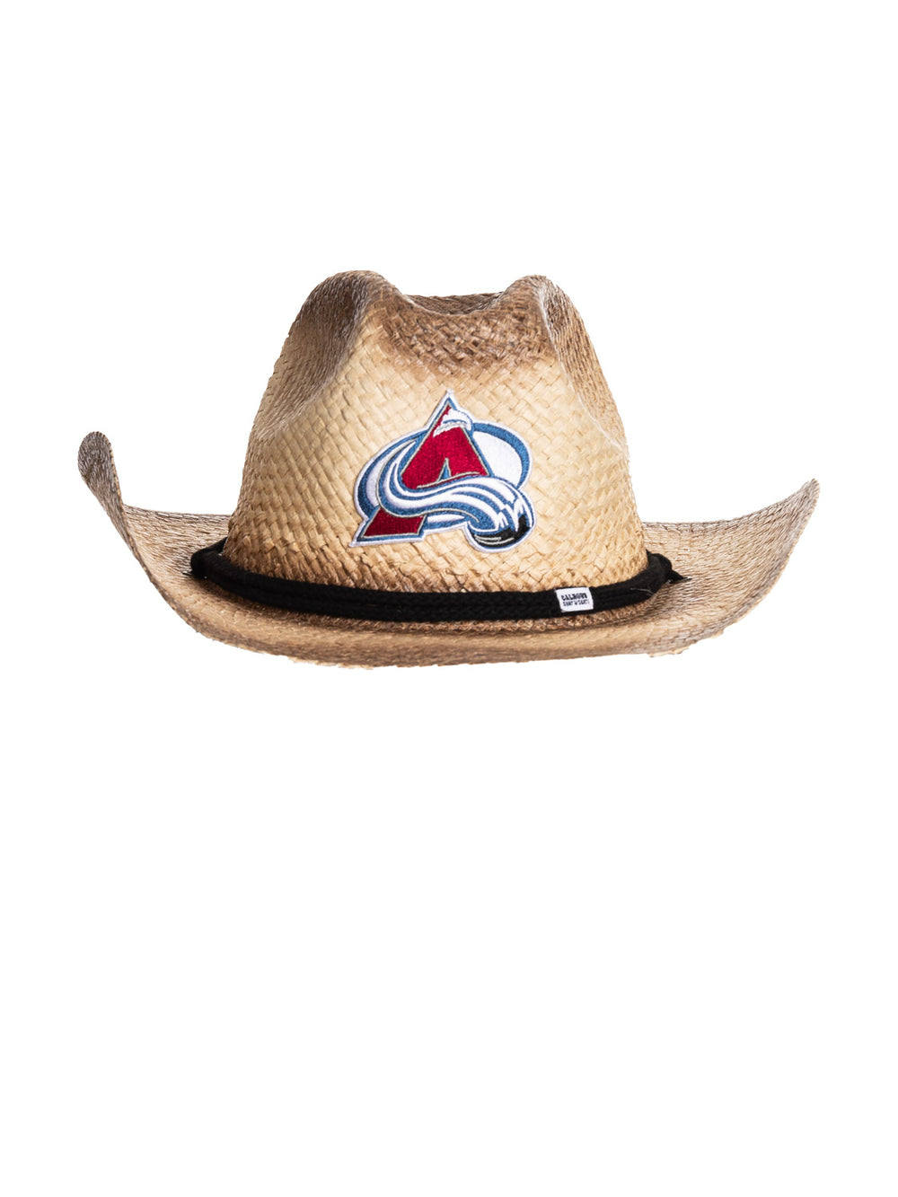 The front of the Colorado Avalanche straw cowboy hat. It is a tan straw hat with the Avalanche logo in the centre of it, with a black rope running along the crown of the hat.