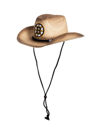 Load image into Gallery viewer, A 45 degree angle view of the Boston Bruins straw cowboy hat. The team logo is visible, as well as the hat&#39;s black chin strap.
