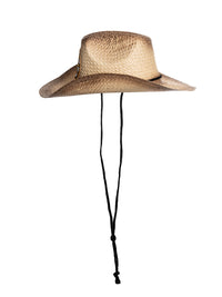 Load image into Gallery viewer, A side view of the Boston Bruins straw cowboy hat, where the black chin strap can be seen hanging down.
