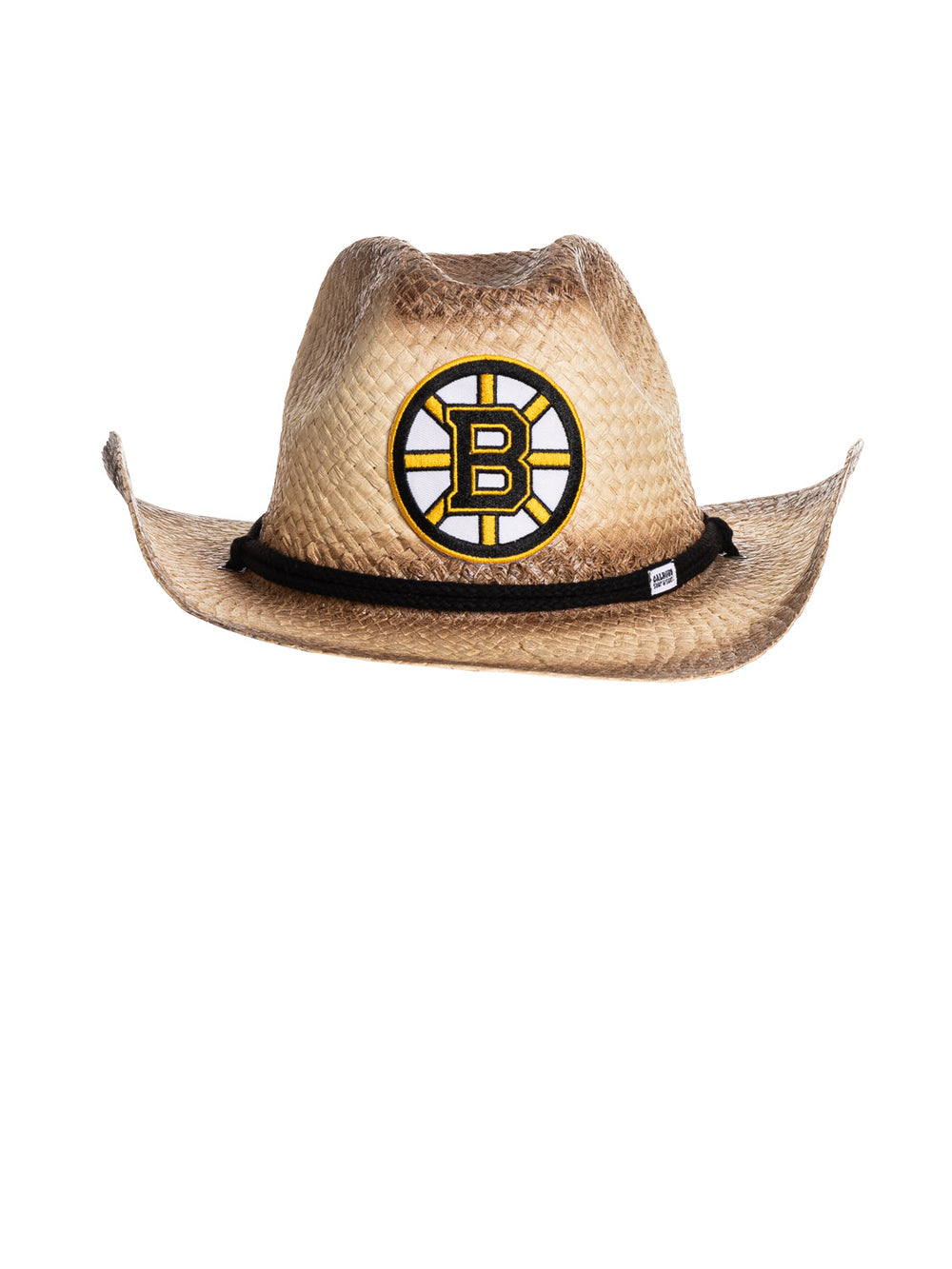 The front of the Boston Bruins straw cowboy hat. It is a tan straw hat with the Bruins logo in the centre of it, with a black rope running along the crown of the hat.