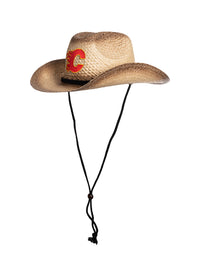Load image into Gallery viewer, A 45 degree angle view of the Calgary Flames straw cowboy hat. The team logo is visible, as well as the hat&#39;s black chin strap.
