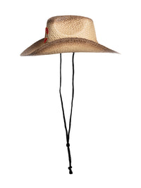 Load image into Gallery viewer, A side view of the Calgary Flames straw cowboy hat, where the black chin strap can be seen hanging down.
