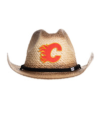 Load image into Gallery viewer, The front of the Calgary Flames straw cowboy hat. It is a tan straw hat with the Flames logo in the centre of it, with a black rope running along the crown of the hat.

