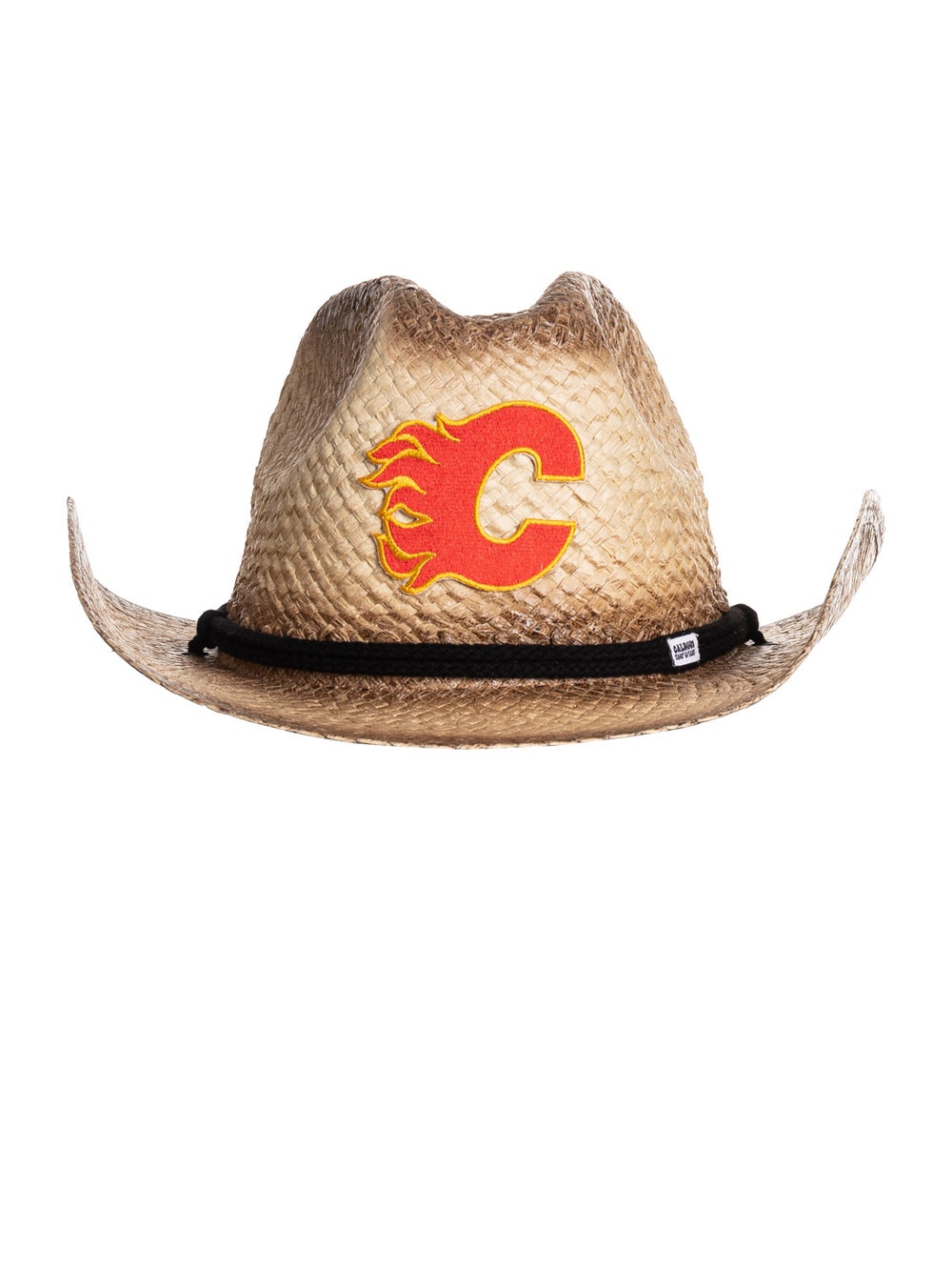 The front of the Calgary Flames straw cowboy hat. It is a tan straw hat with the Flames logo in the centre of it, with a black rope running along the crown of the hat.