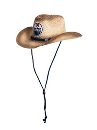 Load image into Gallery viewer, A 45 degree angle view of the Edmonton Oilers straw cowboy hat. The team logo is visible, as well as the hat&#39;s navy blue chin strap.
