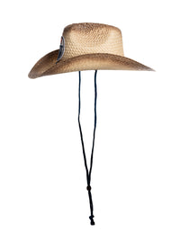 Load image into Gallery viewer, A side view of the Edmonton Oilers straw cowboy hat, where the navy chin strap can be seen hanging down.
