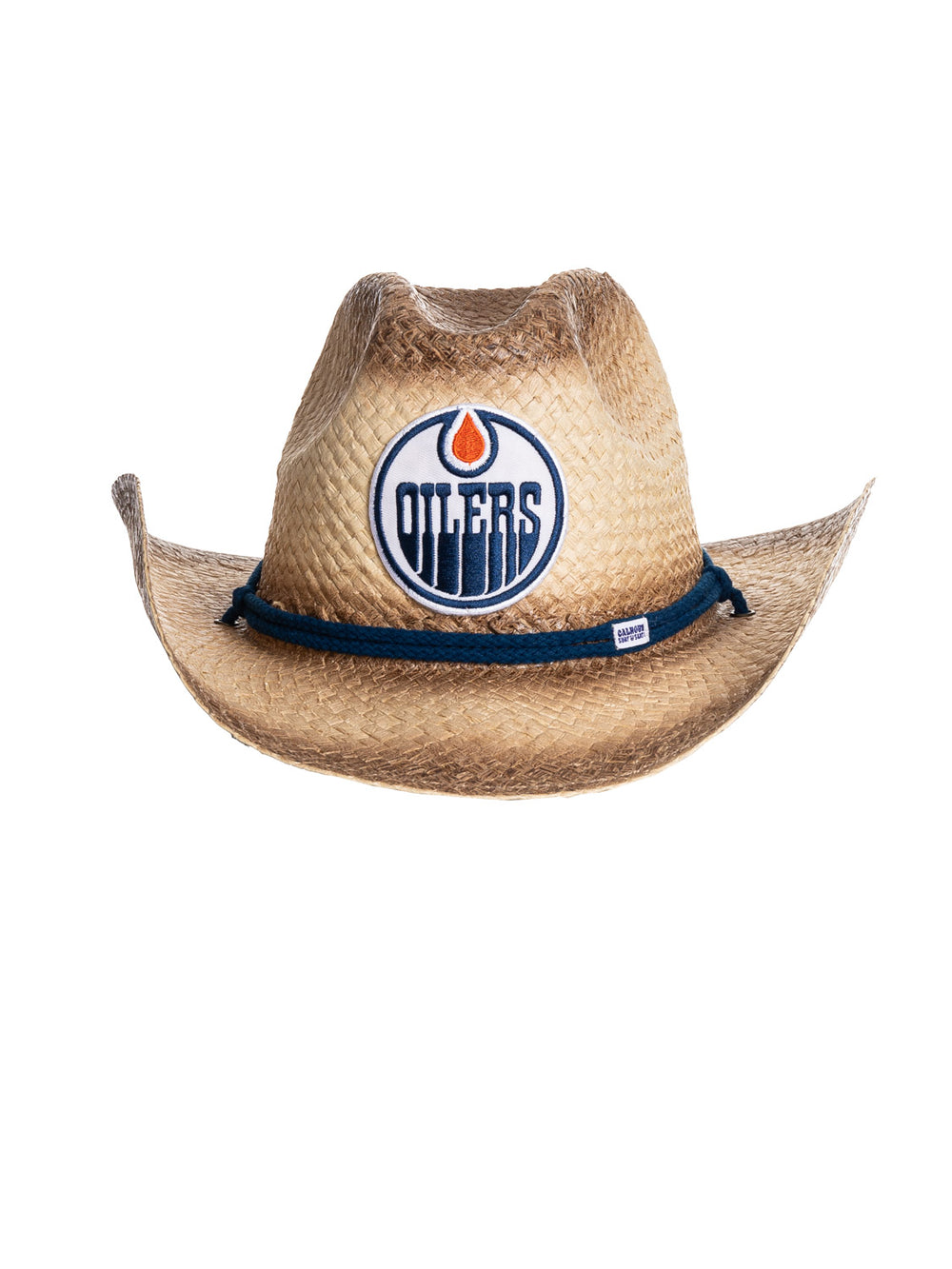 The front of the Edmonton Oilers straw cowboy hat. It is a tan straw hat with the Oilers logo in the centre of it, with a navy blue rope running along the crown of the hat.