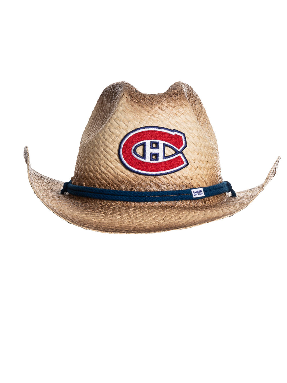 The front of the Montreal Canadiens straw cowboy hat. It is a tan straw hat with the Canadiens logo in the centre of it, with a navy blue rope running along the crown of the hat.