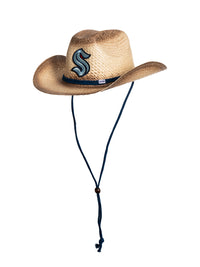 Load image into Gallery viewer, A 45 degree angle view of the Seattle Kraken straw cowboy hat. The team logo is visible, as well as the hat&#39;s navy blue chin strap.
