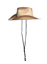 Load image into Gallery viewer, A side view of the Seattle Kraken straw cowboy hat, where the navy chin strap can be seen hanging down.
