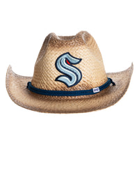 Load image into Gallery viewer, The front of the Seattle Kraken straw cowboy hat. It is a tan straw hat with the Kraken logo in the centre of it, with a navy blue rope running along the crown of the hat.
