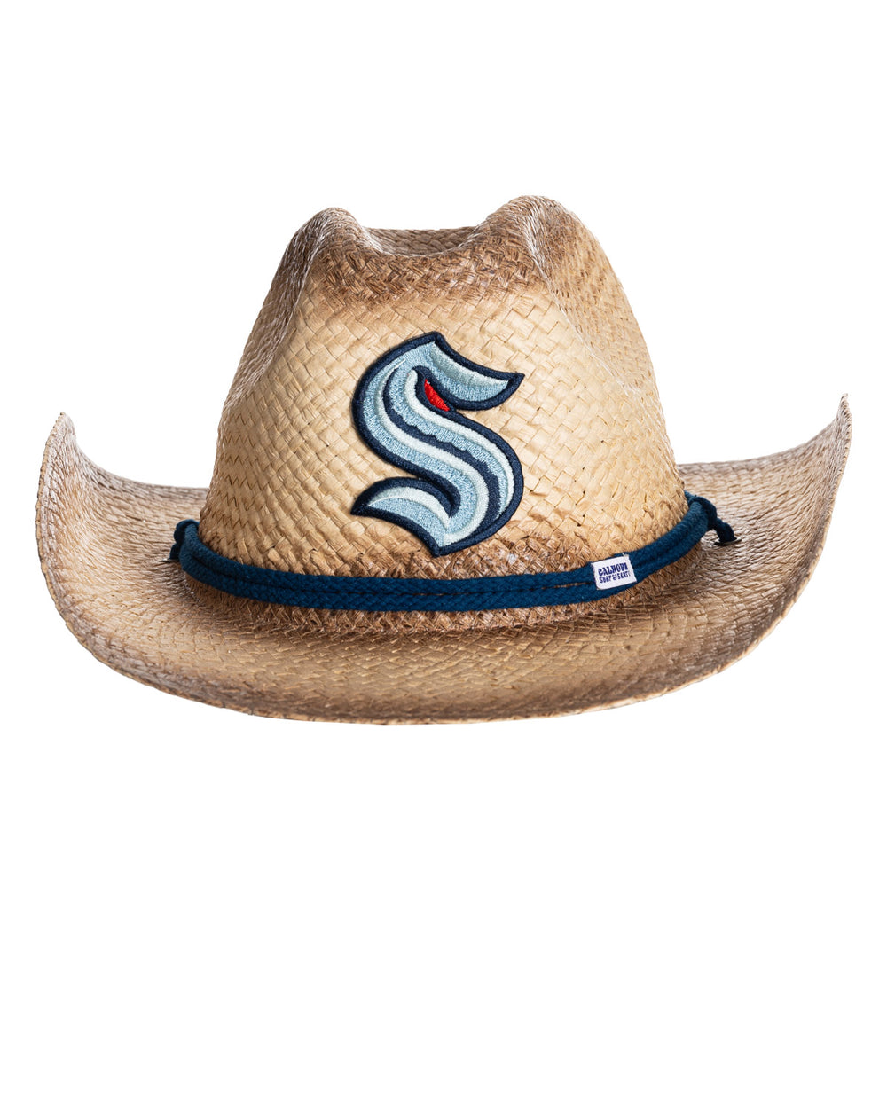 The front of the Seattle Kraken straw cowboy hat. It is a tan straw hat with the Kraken logo in the centre of it, with a navy blue rope running along the crown of the hat.
