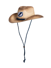 Load image into Gallery viewer, A 45 degree angle view of the Tampa Bay Lightning straw cowboy hat. The team logo is visible, as well as the hat&#39;s navy blue chin strap.

