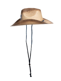 Load image into Gallery viewer, A side view of the Tampa Bay Lightning straw cowboy hat, where the navy chin strap can be seen hanging down.
