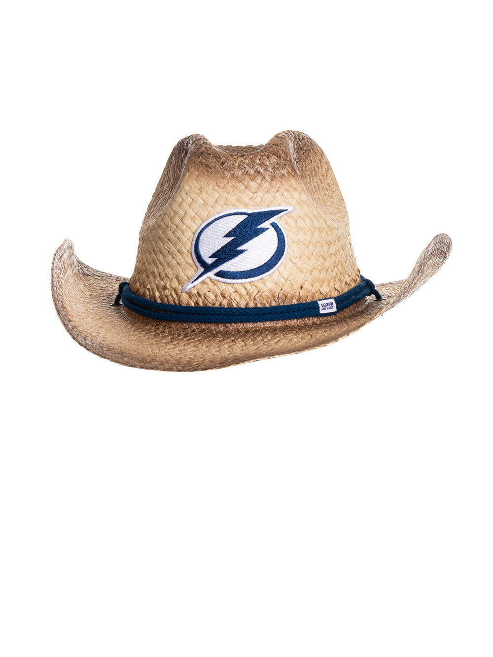 The front of the Tampa Bay Lightning straw cowboy hat. It is a tan straw hat with the Lightning logo in the centre of it, with a navy blue rope running along the crown of the hat.
