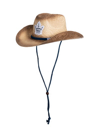 Load image into Gallery viewer, A 45 degree angle view of the Toronto Maple Leafs straw cowboy hat. The team logo is visible, as well as the hat&#39;s navy blue chin strap.

