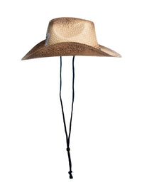 Load image into Gallery viewer, A side view of the Toronto Maple Leafs straw cowboy hat, where the navy chin strap can be seen hanging down.
