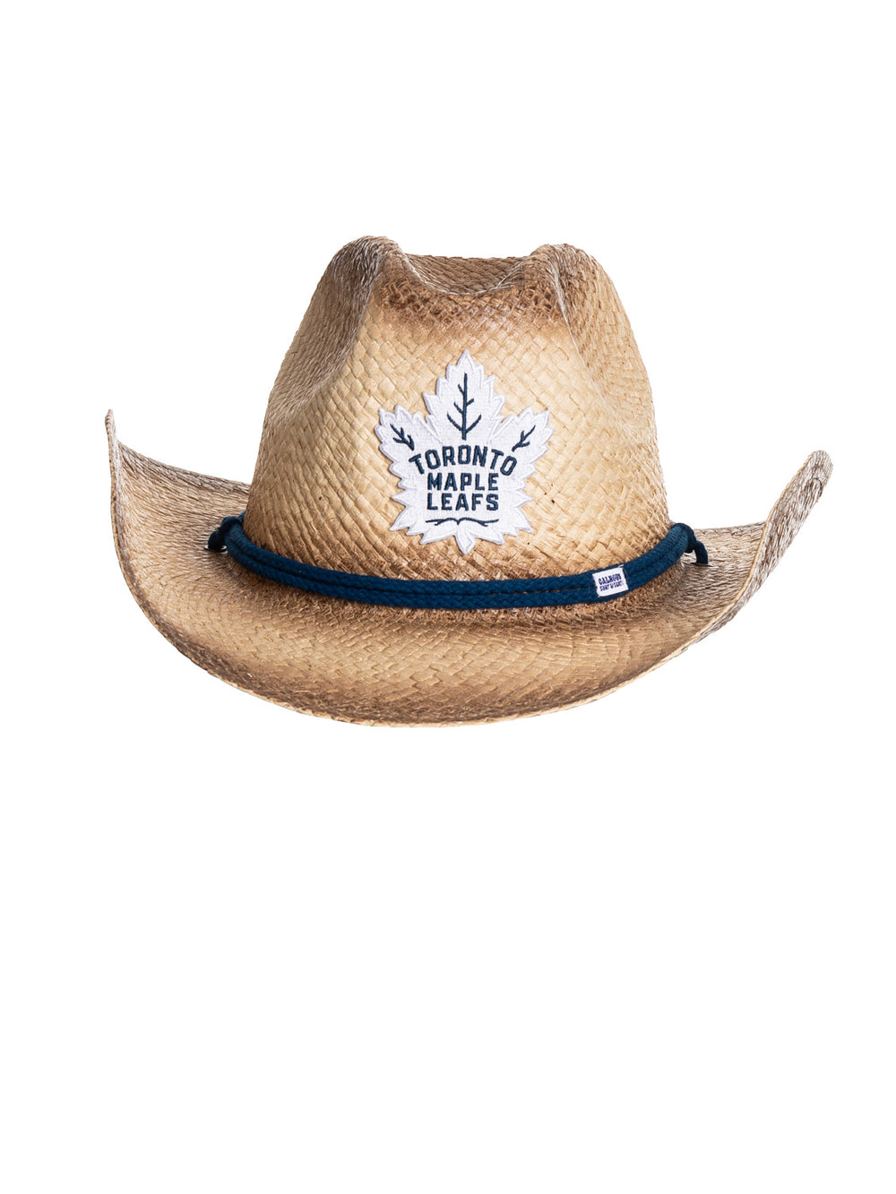 The front of the Toronto Maple Leafs straw cowboy hat. It is a tan straw hat with the Maple Leafs logo in the centre of it, with a navy blue rope running along the crown of the hat.