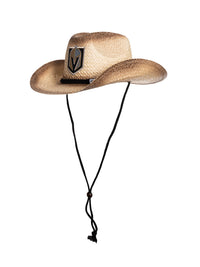Load image into Gallery viewer, A 45 degree angle view of the Vegas Golden Knights straw cowboy hat. The team logo is visible, as well as the hat&#39;s black chin strap.
