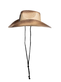 Load image into Gallery viewer, A side view of the Vegas Golden Knights straw cowboy hat, where the black chin strap can be seen hanging down.
