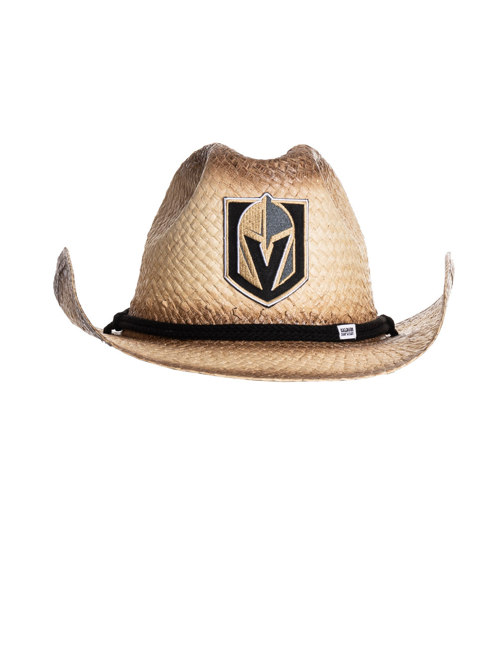 The front of the Vegas Golden Knights straw cowboy hat. It is a tan straw hat with the Golden Knights logo in the centre of it, with a black rope running along the crown of the hat.