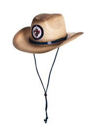 Load image into Gallery viewer, A 45 degree angle view of the Winnipeg Jets straw cowboy hat. The team logo is visible, as well as the hat&#39;s navy blue chin strap.
