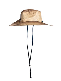 Load image into Gallery viewer, A side view of the Winnipeg Jets straw cowboy hat, where the navy chin strap can be seen hanging down.
