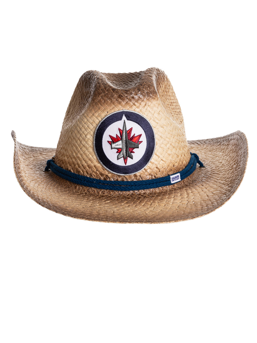 The front of the Winnipeg Jets straw cowboy hat. It is a tan straw hat with the Jets logo in the centre of it, with a navy blue rope running along the crown of the hat.