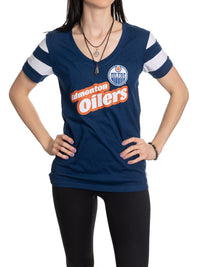 Load image into Gallery viewer, Edmonton Oilers Women&#39;s Retro Varsity V-Neck T-Shirt
