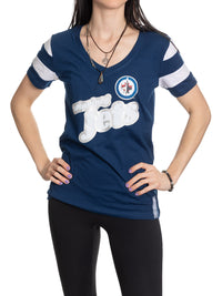 Load image into Gallery viewer, Winnipeg Jets Women&#39;s Retro Varsity V-Neck T-Shirt

