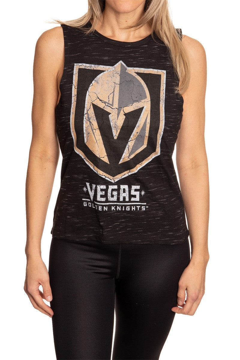 Female wearing a Vegas Golden Knights distressed logo black cotton tank top, front view with logo - Calhoun Surf N' Skate