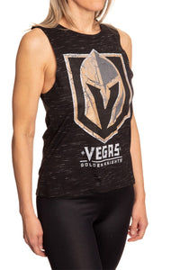 Load image into Gallery viewer, Female wearing a Vegas Golden Knights distressed logo black cotton tank top, side view with logo - Calhoun Surf N&#39; Skate
