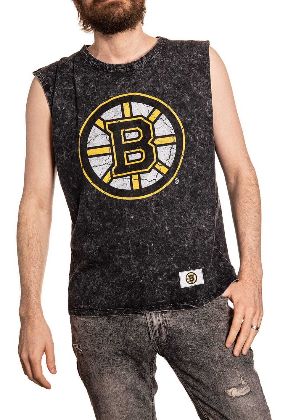 Boston Bruins Acid Wash Sleeveless Shirt Black Front View