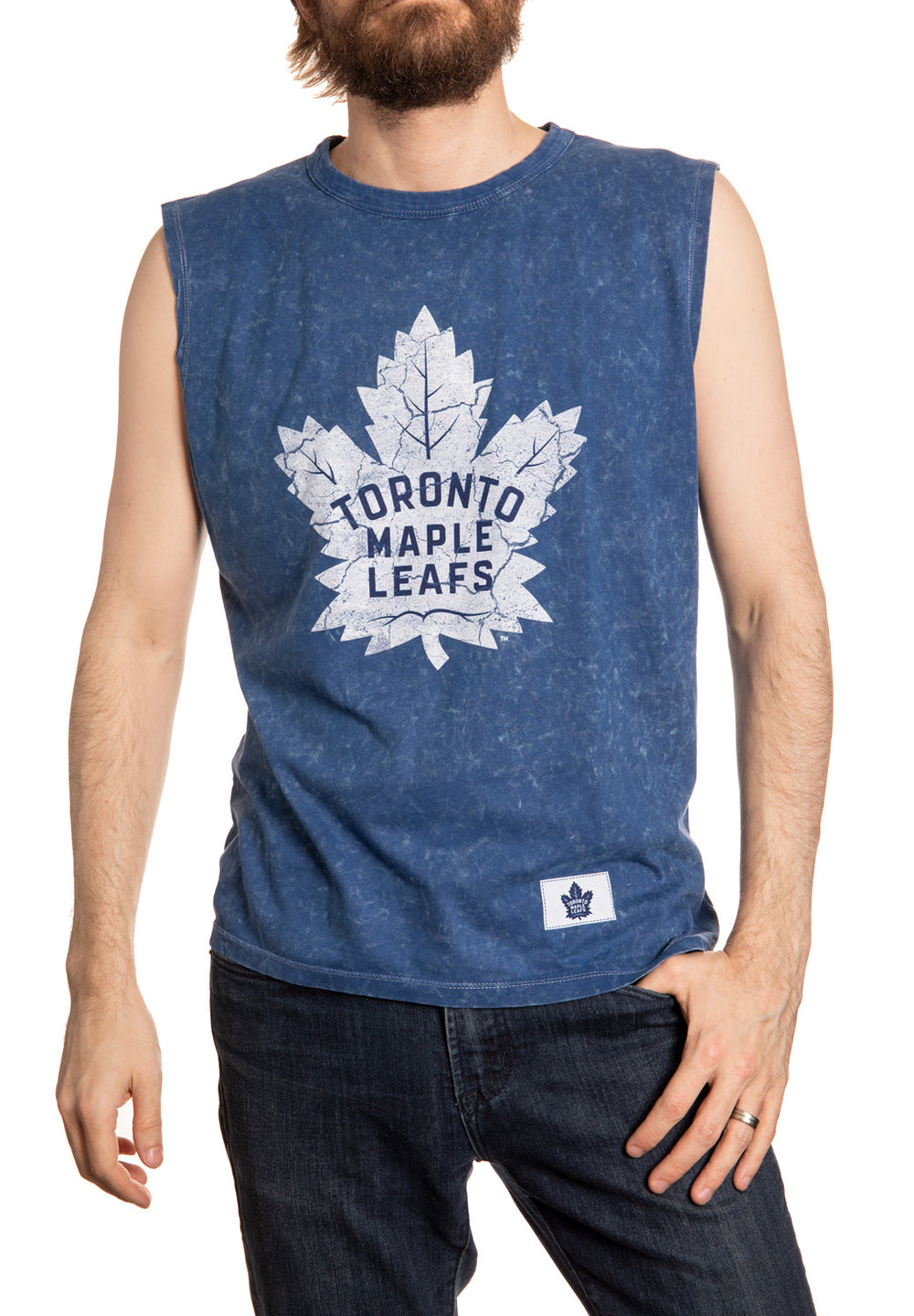Toronto Maple Leafs Acid Wash Sleeveless Shirt Front VIew. Blue Shirt