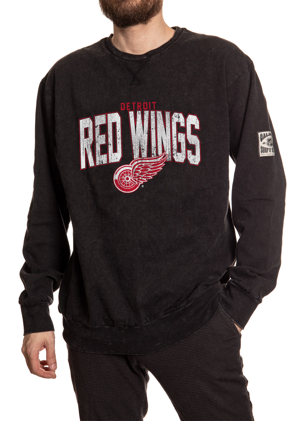Detroit Red Wings Acid Wash Crewneck in Black Front View