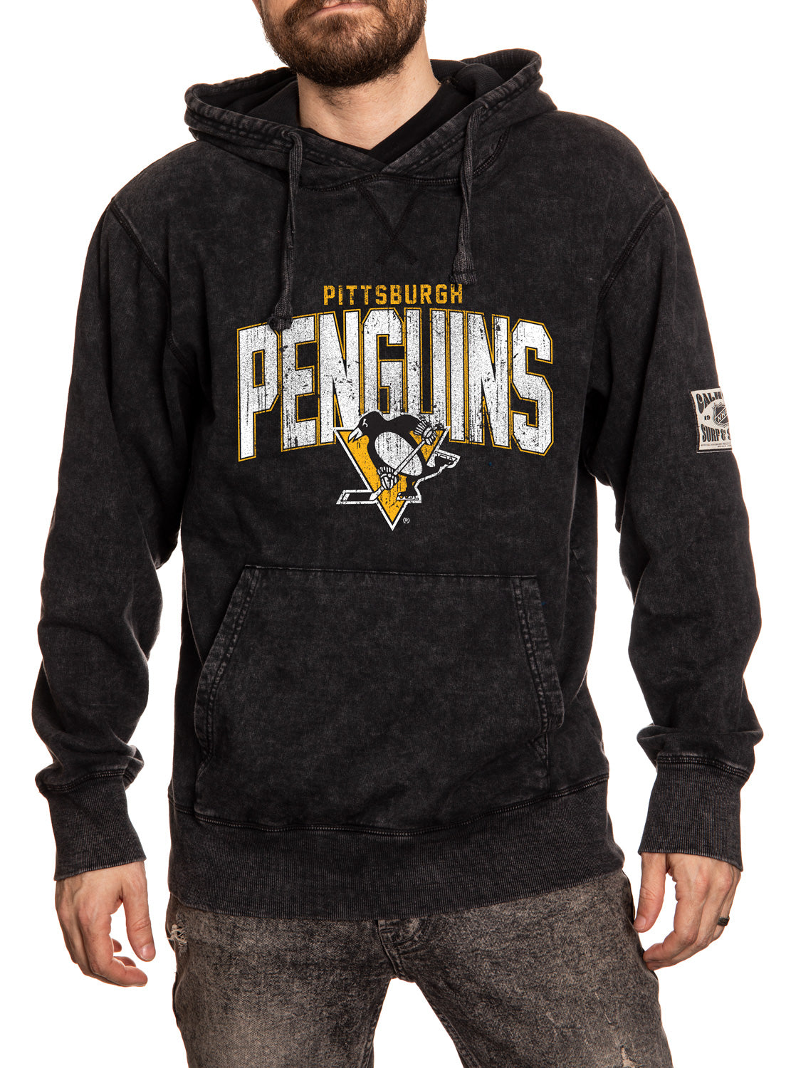 Pittsurgh Penguins Acid Wash Hoodie in Black Front View