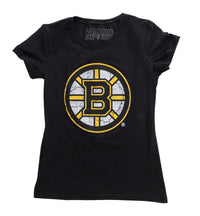 Load image into Gallery viewer, Boston Bruins Women&#39;s Distressed Print Fitted Crew Neck Premium T-Shirt - Black
