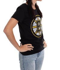 Load image into Gallery viewer, Boston Bruins Women&#39;s Distressed Print Fitted Crew Neck Premium T-Shirt - Black
