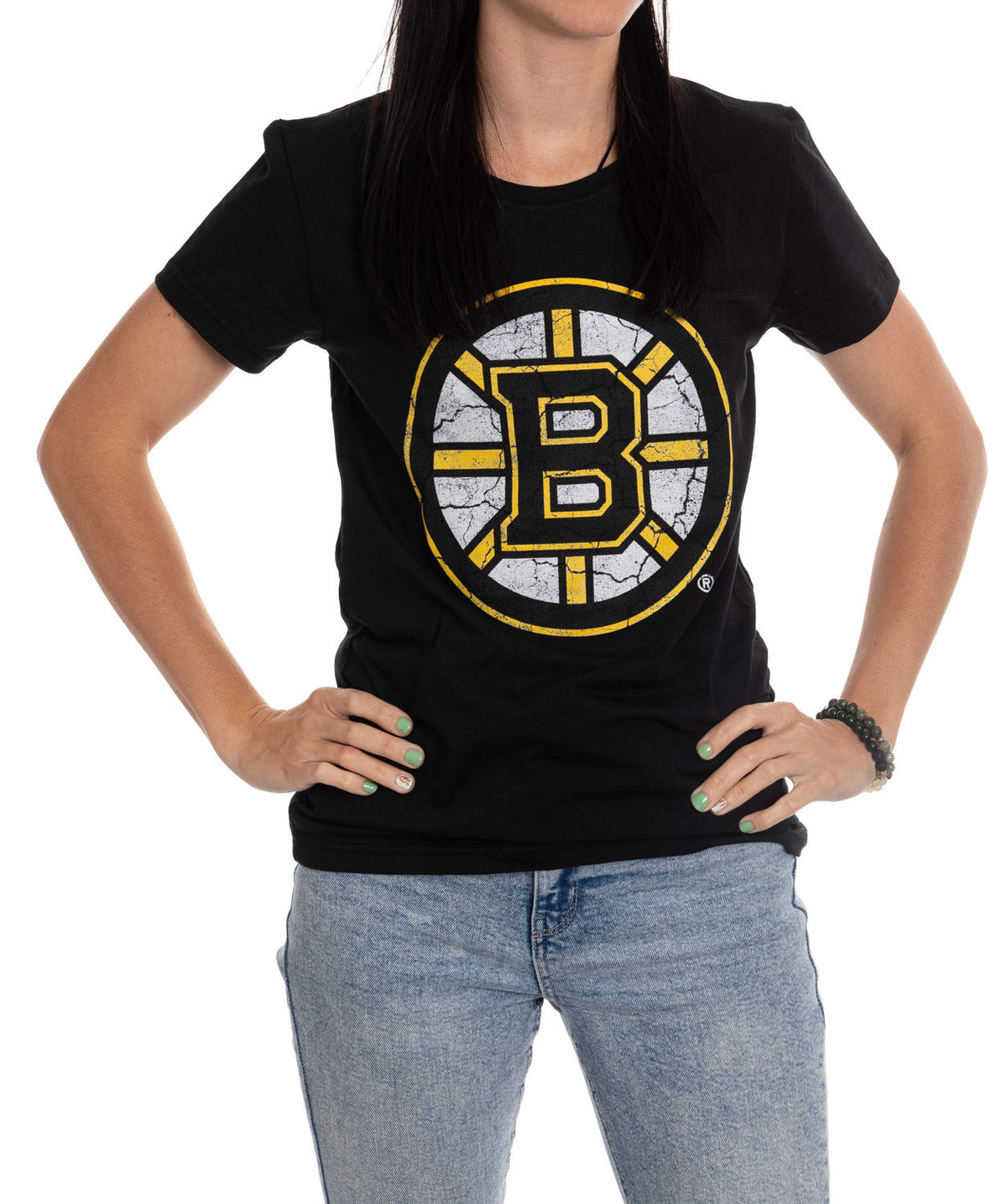 Boston Bruins Women's Distressed Print Fitted Crew Neck Premium T-Shirt - Black