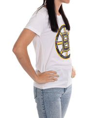 Load image into Gallery viewer, Boston Bruins Women&#39;s Distressed Print Fitted Crew Neck Premium T-Shirt - White

