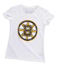 Load image into Gallery viewer, Boston Bruins Women&#39;s Distressed Print Fitted Crew Neck Premium T-Shirt - White
