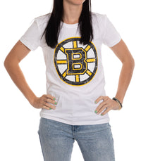 Load image into Gallery viewer, Boston Bruins Women&#39;s Distressed Print Fitted Crew Neck Premium T-Shirt - White
